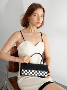 BizChic Túi Checkerboard màu đen có khóa nắp trên dành cho nữ - Đen và trắng - Xem 5