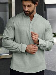 Manfinity Homme Men Button Front Roll Tab Sleeve Shirt, Fall - Mint Green - View 4