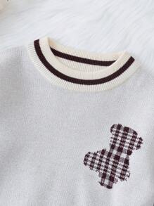 男小童格紋&熊圖案條紋飾邊套頭毛衣 - 彩色 - 查看 3