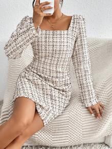 Chiquease Plaid Pattern Square Neck Ruched Tulip Hem Dress - Multicolor - View 6