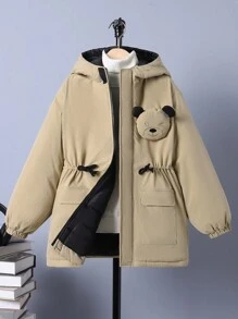 SHEIN Tween Boy 1 件 3D 熊装饰抽绳腰部翻盖口袋连帽加厚外套 - 卡其色 - 查看 1