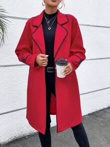 SHEIN LUNE Contrast Binding Lapel Neck Overcoat - Red - View 6