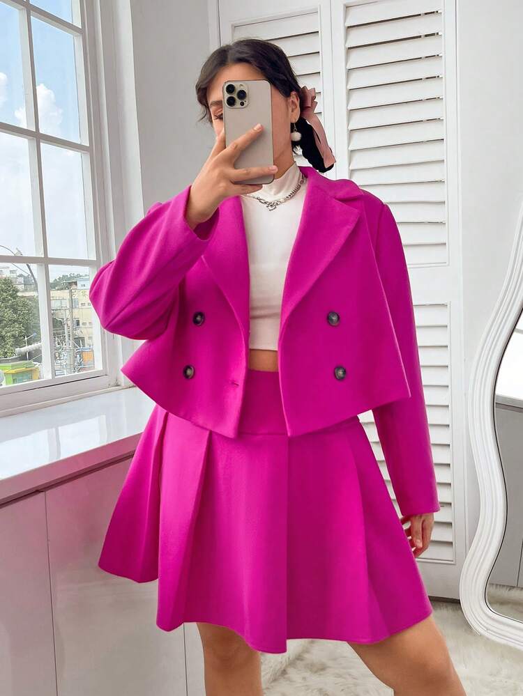 Plus Double Breasted Blazer & Fold Pleated Skirt