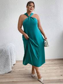 Flirla Plus Solid Twist Front Dress - Teal Blue - View 4
