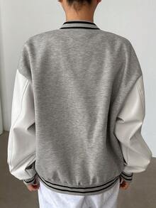 DAZY Letter Graphic Striped Trim Drop Shoulder Two Tone Bomber Jacket - Grey - View 6