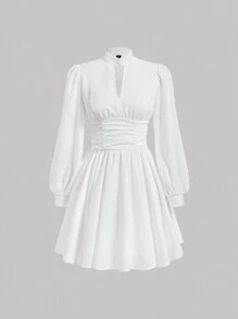 SHEIN MOD Đường viền lỗ khóa Tay áo lồng đèn Eo Ruched Đầm - trắng - Xem 1