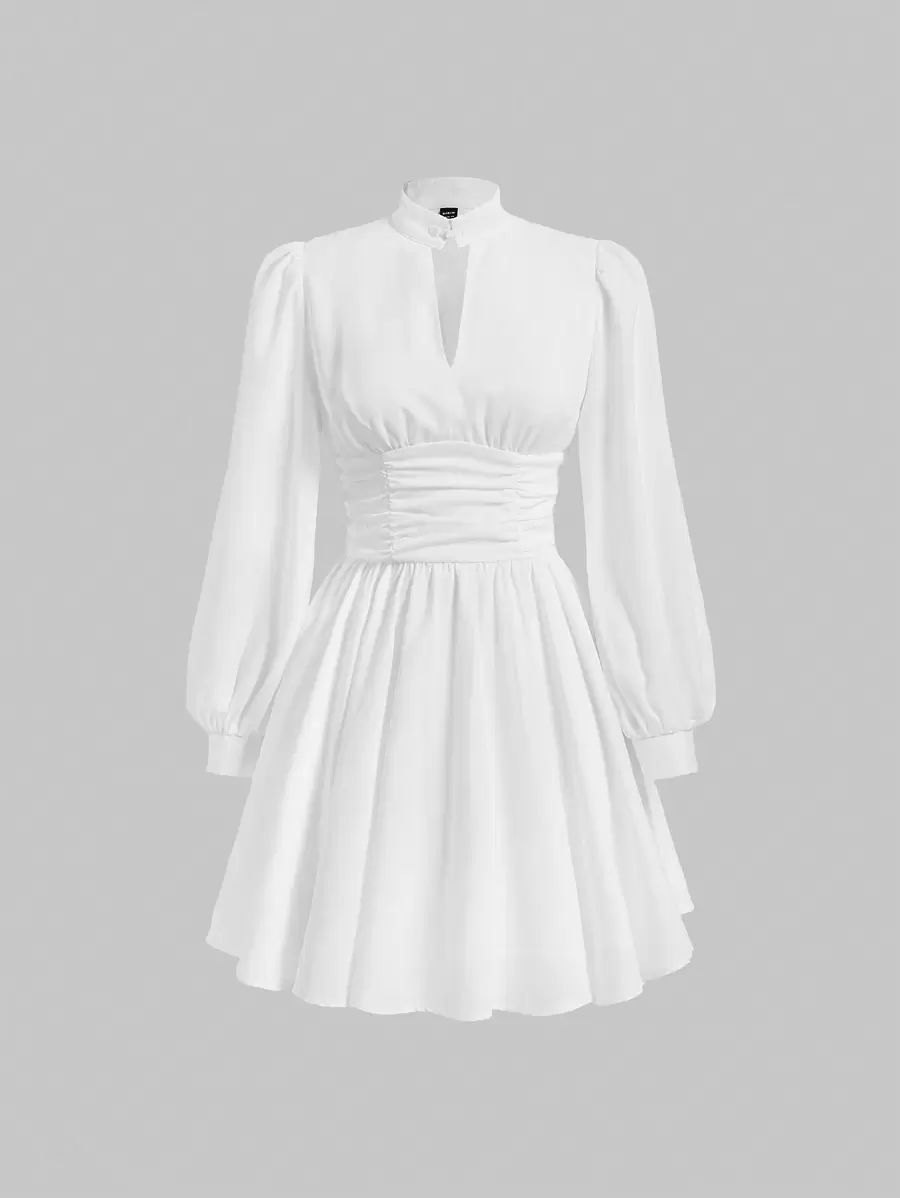 SHEIN MOD Đường viền lỗ khóa Tay áo lồng đèn Eo Ruched Đầm - trắng - Xem 1