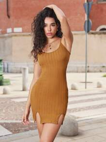 SHEIN EZwear Geripptes Strick Kleid mit Schlitz - Braun - Übersicht 3