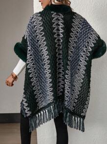 SHEIN Unity Pattern Fuzzy Trim Fringe Hem Batwing Sleeve Duster Cardigan - Multicolor - View 2
