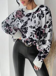SHEIN Cottnline Floral Pattern Drop Shoulder Sweater - Multicolor - View 3