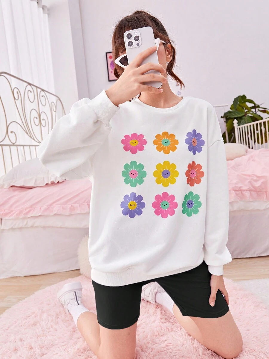 SHEIN Chica adolescente Pullover con estampado floral de hombros caídos & Shorts biker - Negro - Ver 1