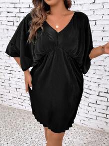 SHEIN Clasi 大碼蝙蝠袖木耳邊洋裝 - 黑色 - 查看 3