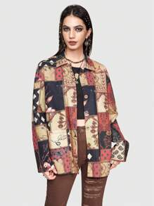 ROMWE Hippie Patchwork Print Drop Shoulder Button Front Coat