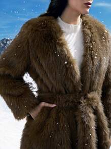 SHEIN LUNE Solid Open Front Longline Fuzzy Coat - Mocha Brown - View 6