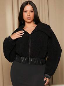 SHEIN SXY Plus Zip Up Hooded Fuzzy Coat - Black - View 4
