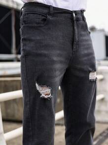 Manfinity Homme Men Ripped Frayed Straight Leg Jeans - Black - View 8