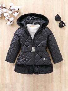 SHEIN 女小童1入組連帽衍縫腰帶外套 - 黑色 - 查看 5