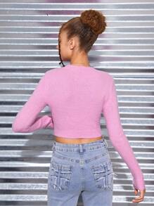 SHEIN 青少年女孩愛心圖案短款毛衣 - 粉色 - 查看 2