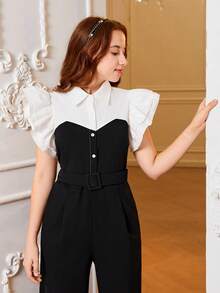 SHEIN Teen Girl Two Tone Ruffle Trim Belted Shirt Jumpsuit - Black and White - View 3