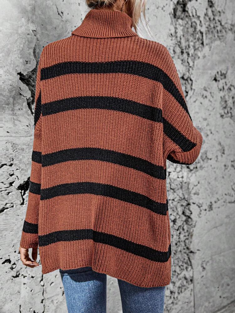 Striped Pattern Turtleneck Batwing Sleeve Knit Pullover Fall Winter Sweater