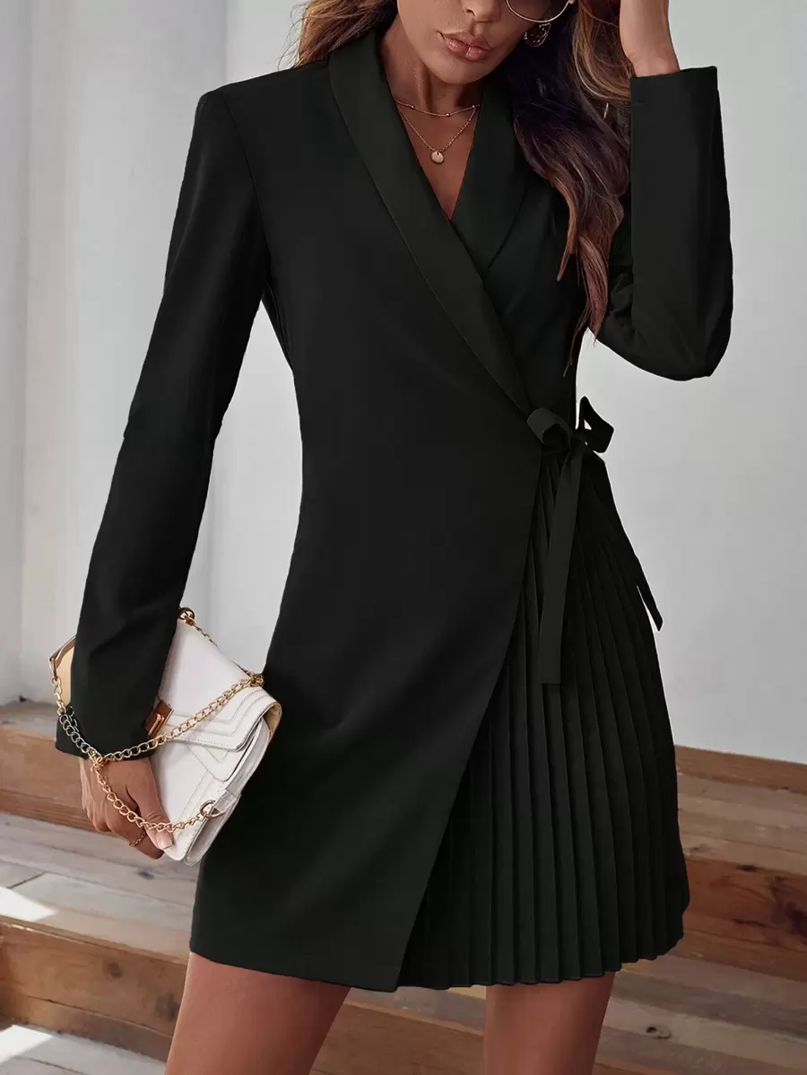 SHEIN LUNE Shawl Collar Pleated Detail Knot Side Wrap Dress,Business Casual Woman