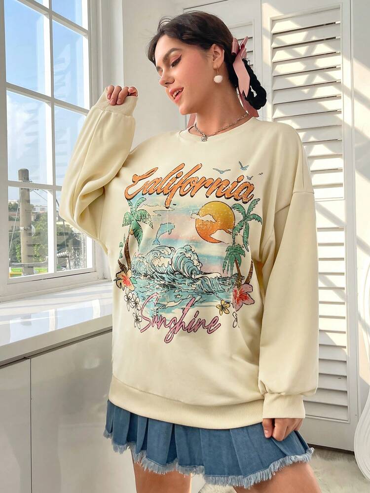 Women's Plus-size Tropical Letter Print Drop-shoulder Sweatshirt