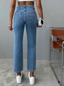 Cottnline High Waist Ripped Straight Leg Jeans - Blue - View 2