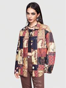 ROMWE Hippie Patchwork Print Drop Shoulder Button Front Coat