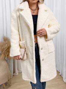 Flirla Plus Dual Pocket Drop Shoulder Teddy Coat - Beige - View 5