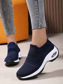 Women's Casual Sneakers, Fashion Slip-On Air Cushion Socks Shoes, Solid Color Sports Shoes - Blue and White - View 3