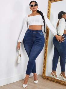 SHEIN EZwear Hơn Eo đàn hồi Quần jean ôm - Rửa trung bình - Xem 5