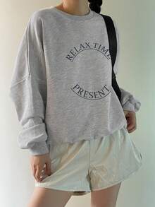 DAZY Letter Graphic Drop Shoulder Oversized Pullover - Grey - View 8