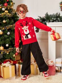 SHEIN 男大童1入組聖誕麋鹿圖案落肩袖套頭毛衣 - 紅色 - 查看 6