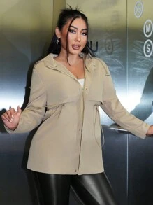 SHEIN SXY Áo khoác có dây rút thắt lưng có mũ trùm đầu - Màu Khaki - Xem 4