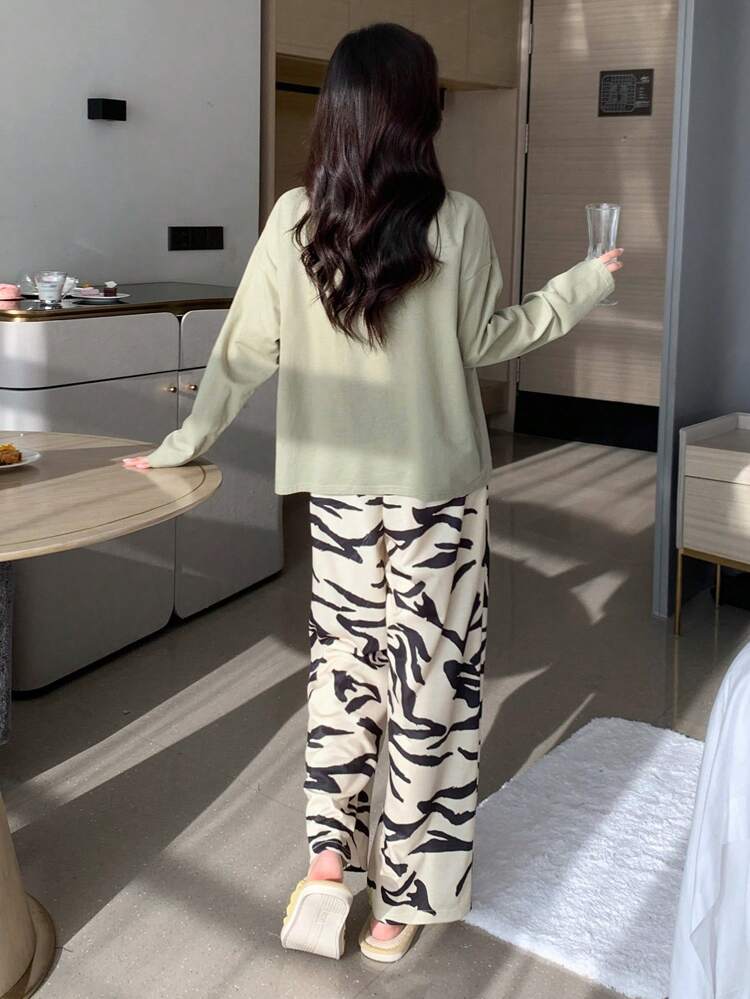 Letter Graphic Drop Shoulder Tee & Pants Lounge Set, Fall Clothes Pajama, Winter