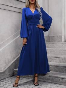 EMERY ROSE Lantern Sleeve Ruched Waist Split Thigh Dress Maxi Women Outfit Fall Cloth For Women - Blue - View 4