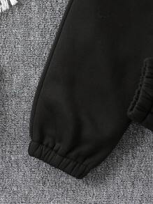 SHEIN 女大童標語圖案加絨內裏連帽衫和運動褲 - 黑色 - 查看 7