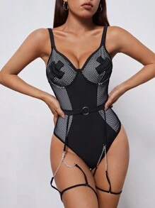 SHEIN Swim 夏季带钢圈连体泳衣（带吊袜带） - 黑色 - 查看 3