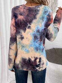 SHEIN LUNE Tie Dye Contrast Lace Trim Drop Shoulder Tee - Multicolor - View 6