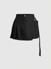 SHEIN MOD Solid Pleated Detail Buckle Detail Pleated Detail Skort