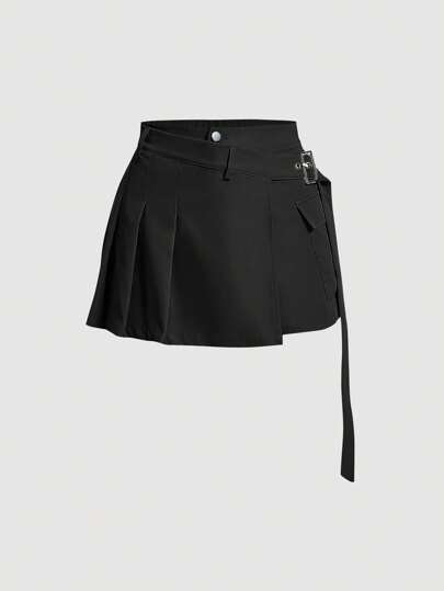 SHEIN MOD Solid Pleated Detail Buckle Detail Pleated Detail Skort