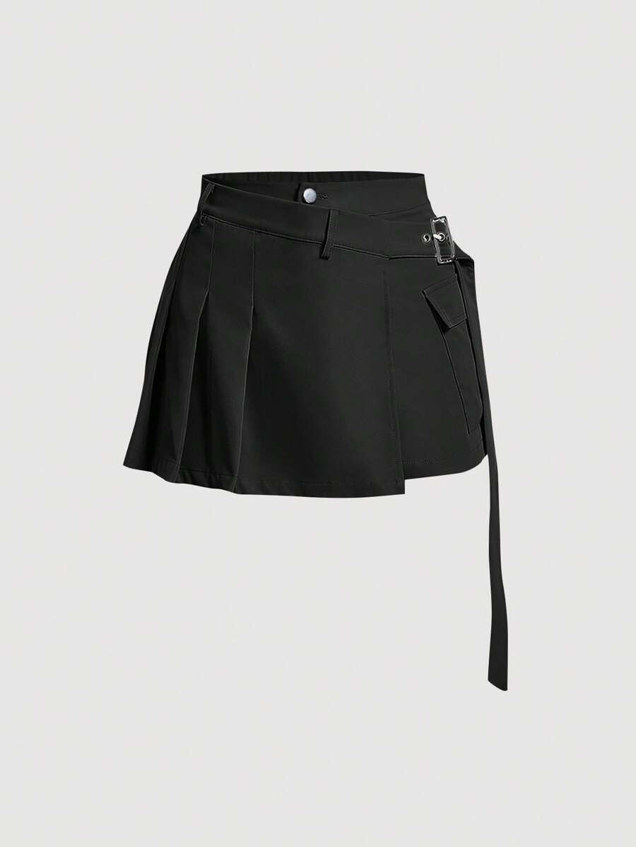 SHEIN MOD Solid Pleated Detail Buckle Detail Pleated Detail Skort
