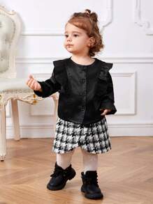 SHEIN Baby Girl Ruffle Trim Top & Houndstooth Print Skirt & Hat - Black - View 4