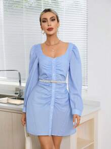 Aveloria Scoop Neck Ruched Button Front Dress Fall Cloth For Women