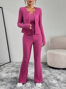 SHEIN Essnce Solid Cami Top & Flare Leg Pants & Button Front Coat - Hot Pink - View 6