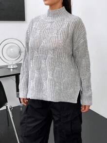 Flirla 大碼小高領落肩袖下擺開叉套頭毛衣 - 灰色 - 查看 5