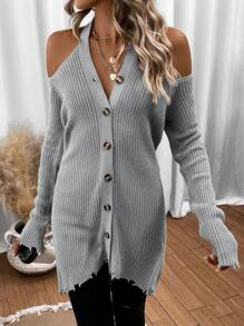 SHEIN LUNE Cold Shoulder Button Front Cold Shoulder Distressed Cardigan - Light Grey - View 4