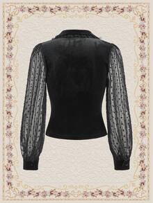 SHEIN DECDS Contrast Mesh Lantern Sleeve Velvet Blouse - Black - View 4