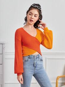 Teen Girl Two Tone Crossover Sweater