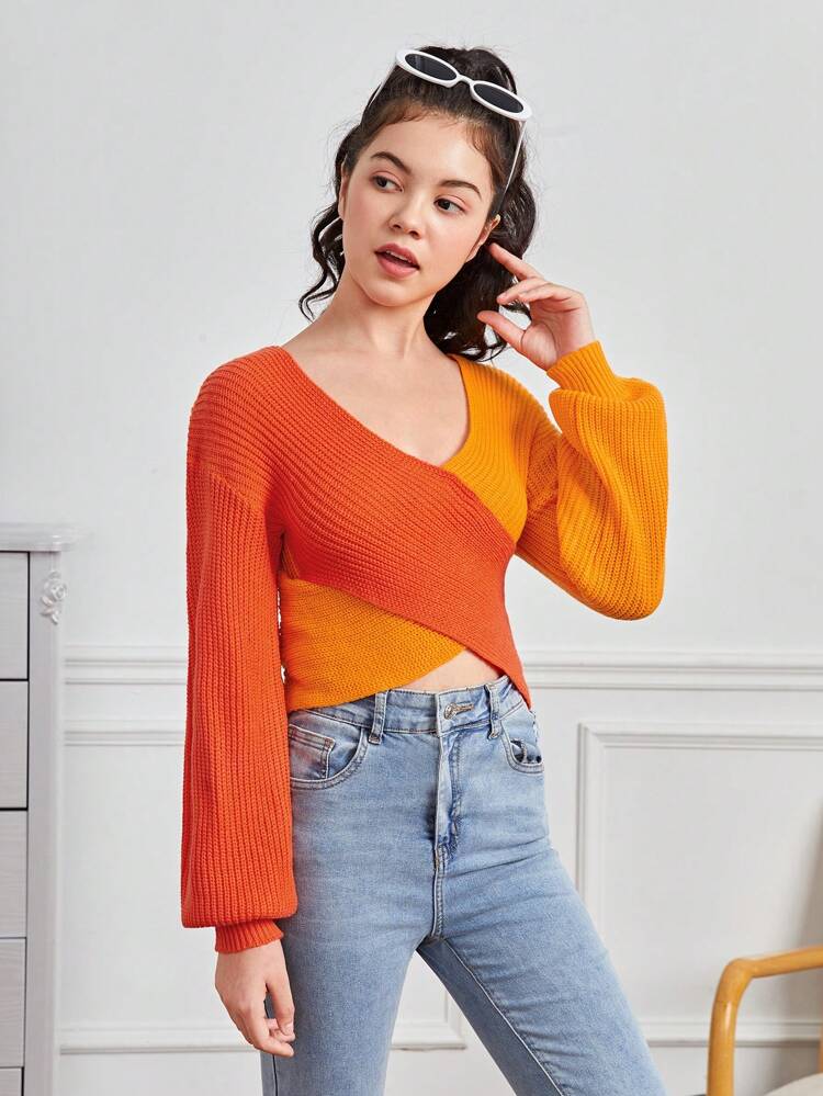 Teen Girl Two Tone Crossover Sweater